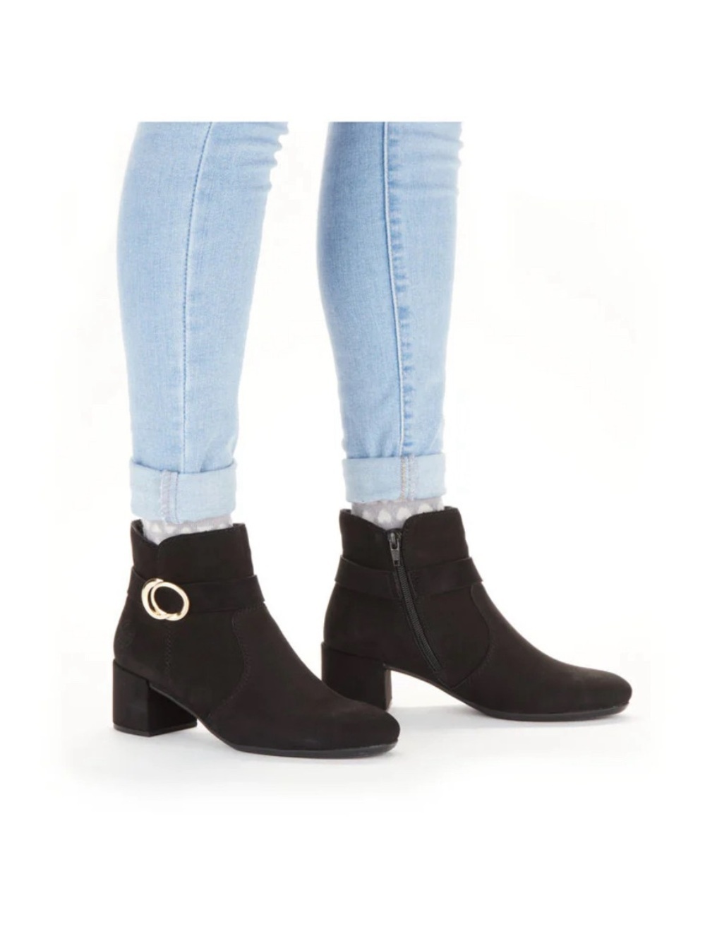 Rieker Black Suede Ankle Booties with Metallic Ring Accent